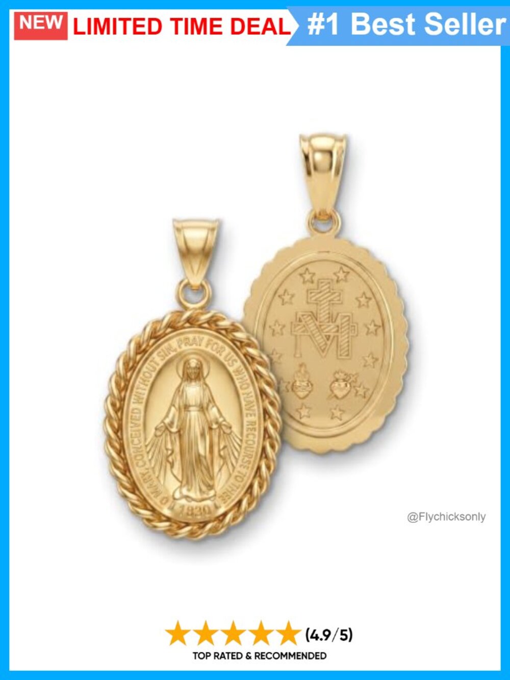 14K Yellow Gold Virgin Mary Miraculous Medal Pendant Handcrafted USA